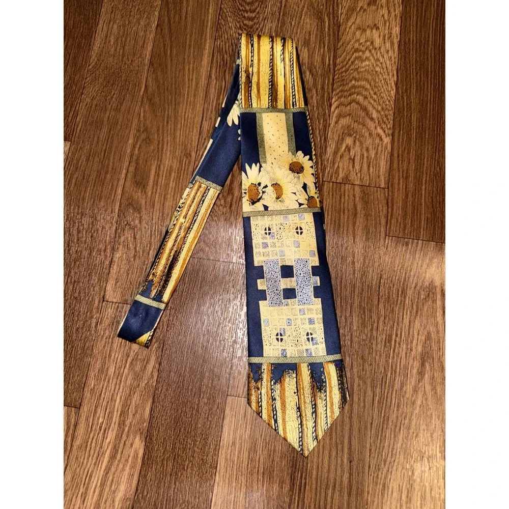 Giorgio Cellini Mens Silk Tie Navy Blue Gold Sunflower Geometric Made in Italy